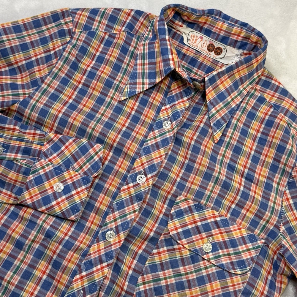 Vintage 1970s Huk-A-Poo Plaid Print Disco Shirt Retro Western Button Up Small